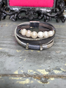 Grey Layered leather & Pearl Bracelet
