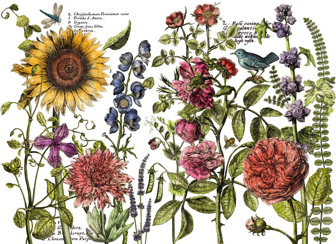 A crowded, colorful transfer with flowers, insects, and birds
